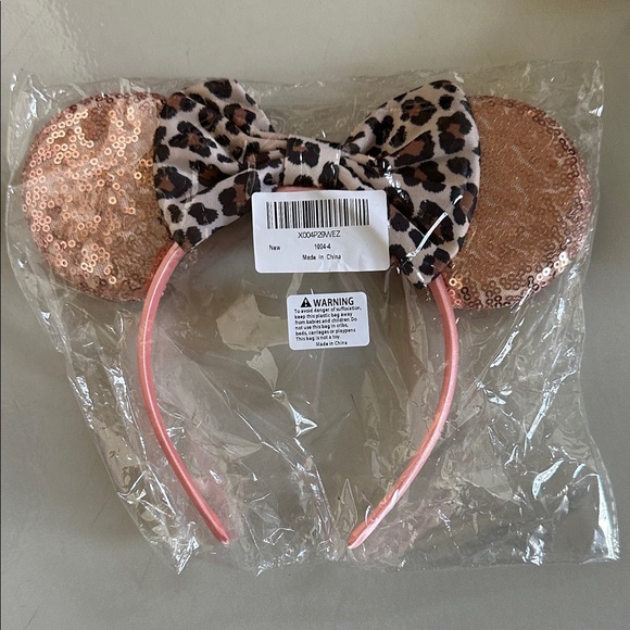 Disney Other - Disney Rose Gold Sequin Minnie Ears Headband with Leopard Bow